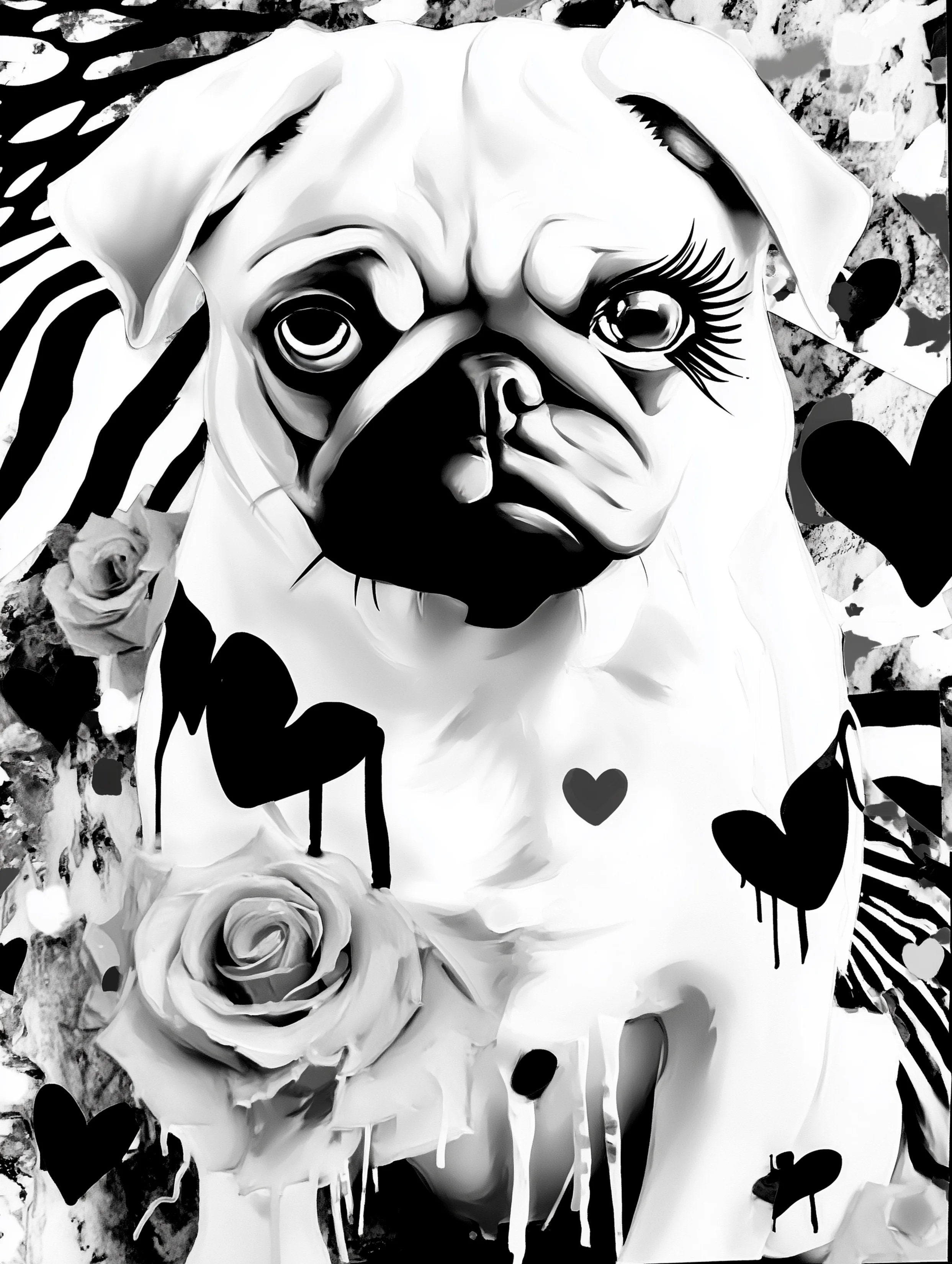 Free printable dog coloring page for adults featuring pug with long lashes on one eye